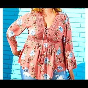 Coral floral print lace up top NWOT